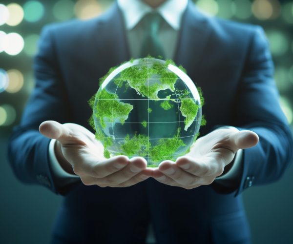 ESG environmental social governance business strategy investing concept. Businessman holding green earth globe world .Ethical and sustainable investing. Enhance ESG alignment of investments . Eco